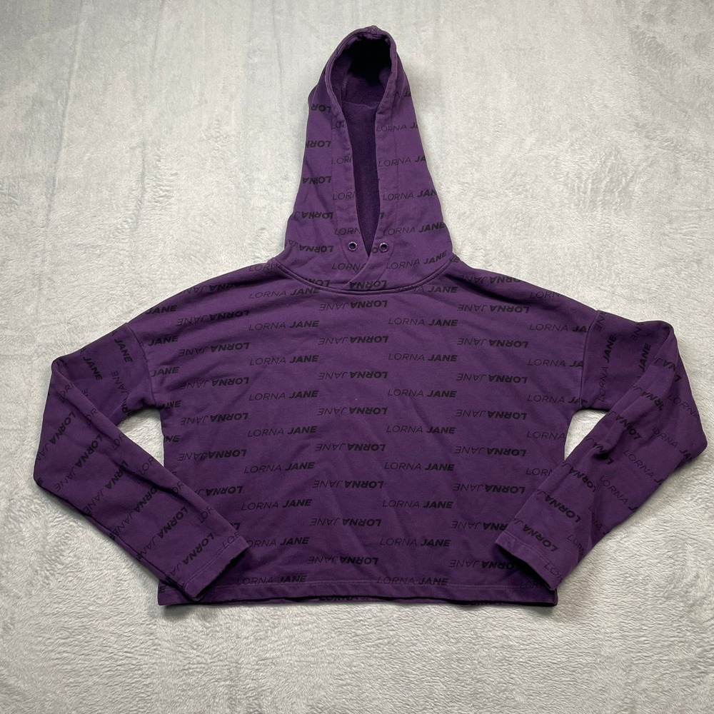 Lorna Jane Hoodie Women S Purple All Over Logo Print Cropped Sweatshirt